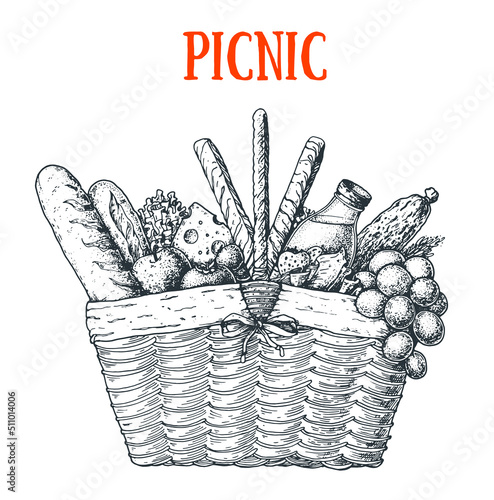 Picnic basket sketch. Hand drawn vector illustration. Summer food outdoors. Picnic basket with bread, grape, apple, cheese, tomatoes, salami. Food and drink illustration.