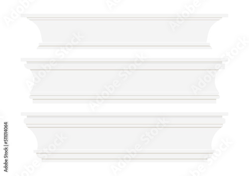 Skirting wall moulding baseboard set isolated on white background. Decor architectural elements for interior floor and wall border. Vector flat illustration. Moldings of various width size collection.