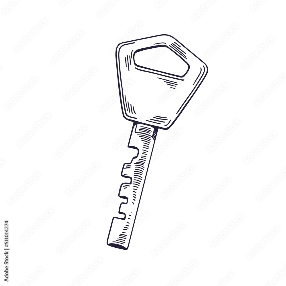 Outlined door key engraving, drawing in vintage detailed style. Etched modern unlocking house