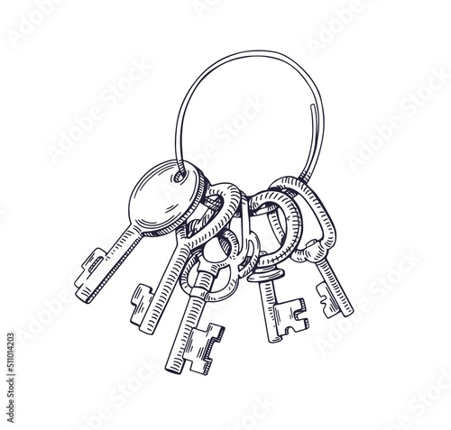 Door keys bunch bundle attached to ring. Engraved drawing of keyring, holder drawn in retro vintage style. Contoured detailed handdrawn vector illustration isolated on white background