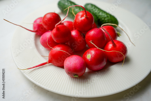Spring fresh vegetables radishes, cucumber and greens on white plate. Fresh organic farm vegetables, radishes, cucumbers.