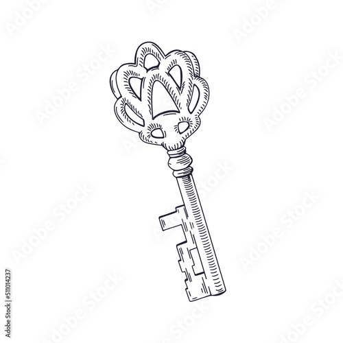 Vintage old door key. Outlined etched engraved antique locking item drawn in ...