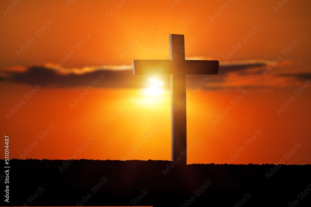 crucifixion jesus christ, wooden cross at sunset