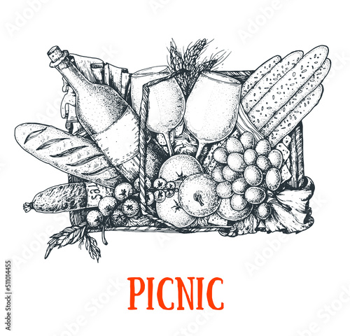 Picnic basket top view sketch. Hand drawn vector illustration. Summer food outdoors. Picnic basket with bread, wine, grape, apple, cheese, tomatoes, salami. Food and drink illustration.
