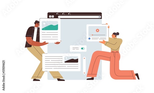 UI UX design of website page interface. Web designers creating layout of webpage elements. People making, arranging visual and text content. Flat vector illustration isolated on white background
