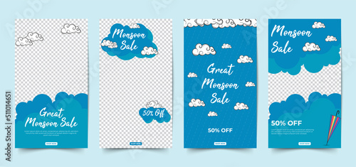 Monsoon season sale stories social media template with clouds, umbrellas and rain. blue background.