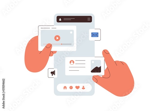 Ui UX design of mobile phone application. Hands creating abstract social media app interface, making layout, arranging content on web platform. Flat vector illustration isolated on white background