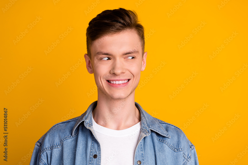 Photo of young excited man wonder guess tricky look empty space plan isolated over yellow color background Photo of young excited man wonder guess tricky look empty space plan isolated over yellow color background