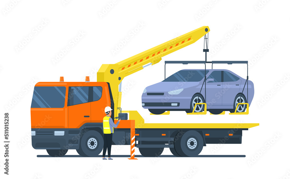 The driver of the tow truck is loading the car. Vector illustration.