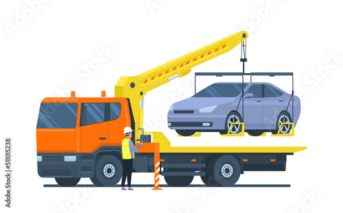 The driver of the tow truck is loading the car. Vector illustration.