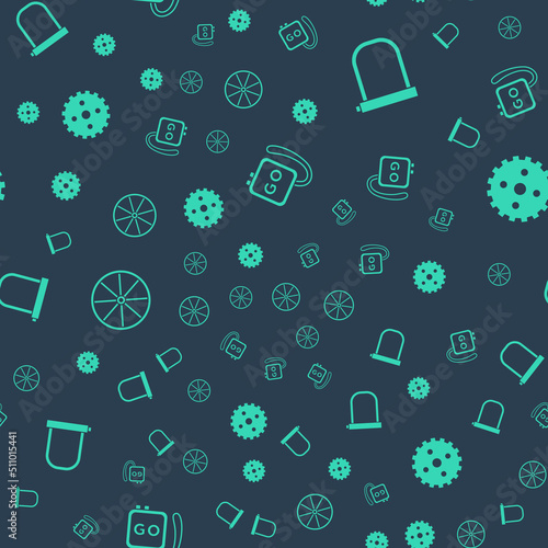 Set Stopwatch, Bicycle lock, wheel and sprocket crank on seamless pattern. Vector
