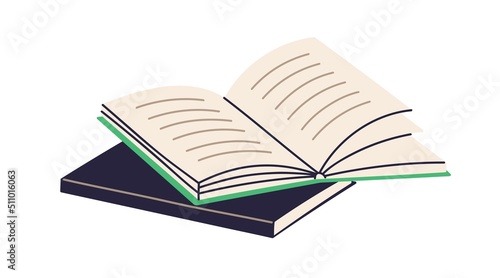 Paper books, open and closed. Academic literature, school textbooks. Pages of encyclopedia for studying, reading. Schoolbooks with abstract text. Flat vector illustration isolated on white background