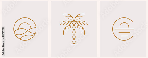 Abstract summer logo template with palm trees and sunset. Modern minimal set of linear icons and emblems for social media, accommodation rental and travel services.