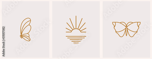 Abstract summer logo template with sunset and butterflies. Modern minimal set of linear icons and emblems for social media, accommodation rental and travel services.