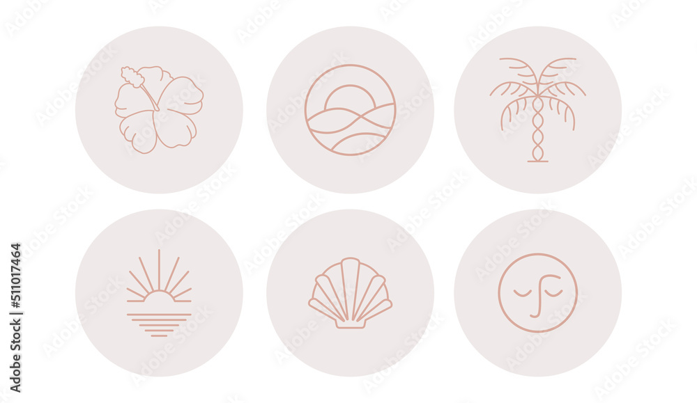 Summer icons depicting dawn, sun and flowers in circles. Vector illustration. Set of icons and emblems for social media news covers. Design Templates for a Yoga Studio and an Astrologer Blogger Summer icons depicting dawn, sun and flowers in circles. Vector illustration. Set of icons and emblems for social media news covers. Design Templates for a Yoga Studio and an Astrologer Blogger