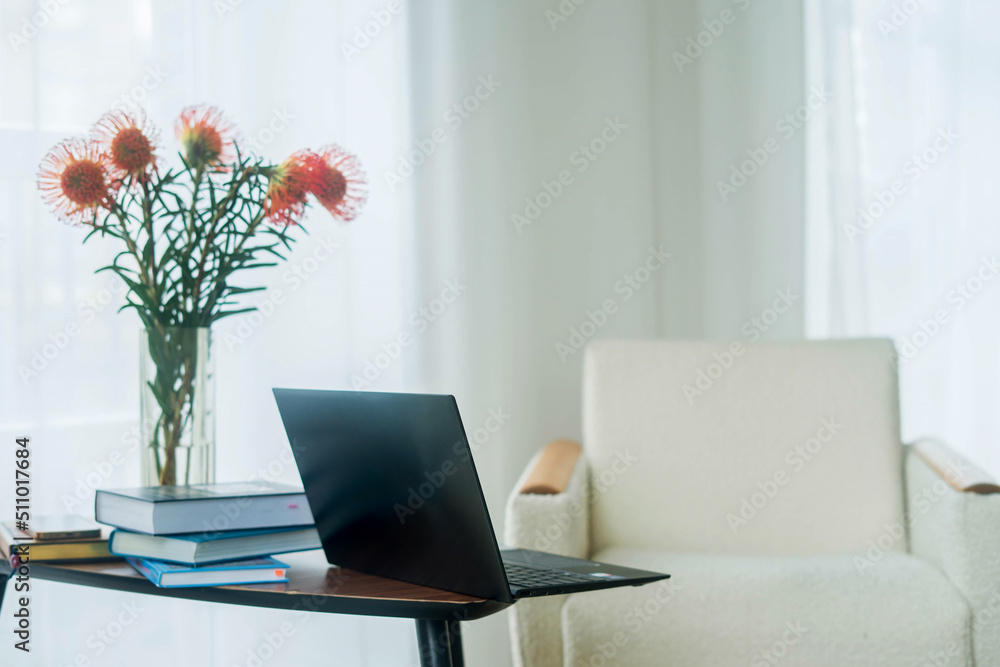 Picture of modern personal computer with blank white copy space screen. Mock up of workplace Picture of modern personal computer with blank white copy space screen. Mock up of workplace