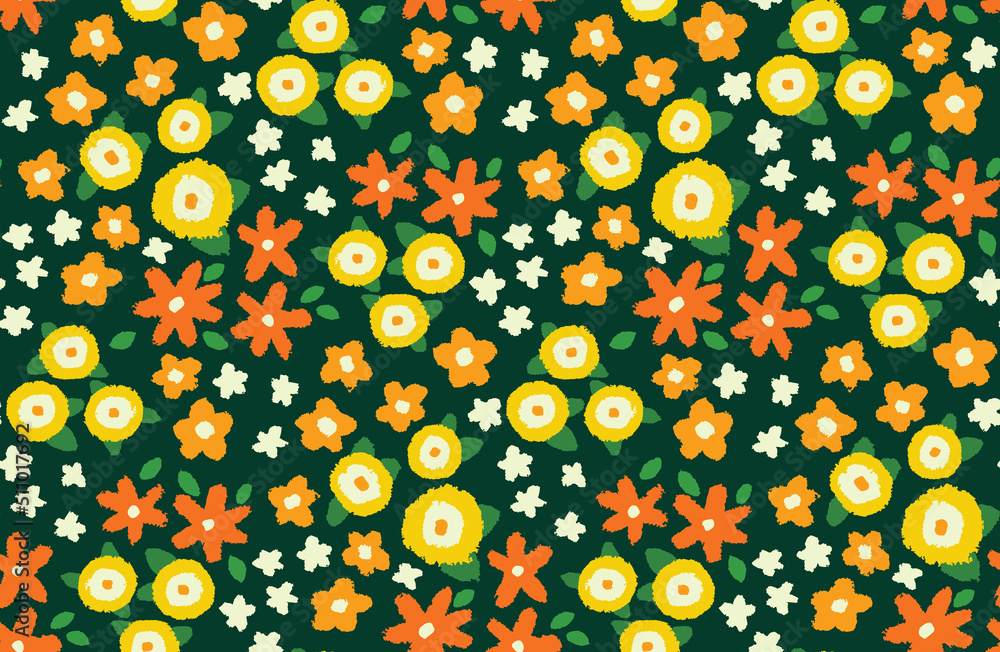 Seamless floral pattern, summer ditsy print with colorful blooming meadow. Cute botanical background with small hand drawn plants, yellow flowers, leaves on a green field. Vector illustration.