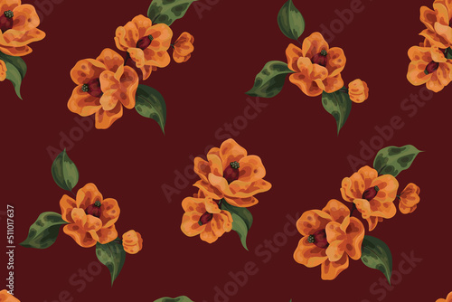 Seamless pattern with autumn botany  lush yellow flowers  leaves on a brown background. Elegant floral print  vintage botanical background with hand drawn flowers blossom  leaves. Vector illustration.