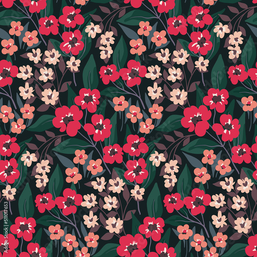 Wallpaper Mural Seamless floral pattern, vintage ditsy print with romantic hand drawn field, blooming meadow. Elegant botanical background with small flowers, leaves in liberty arrangement. Vector. Torontodigital.ca