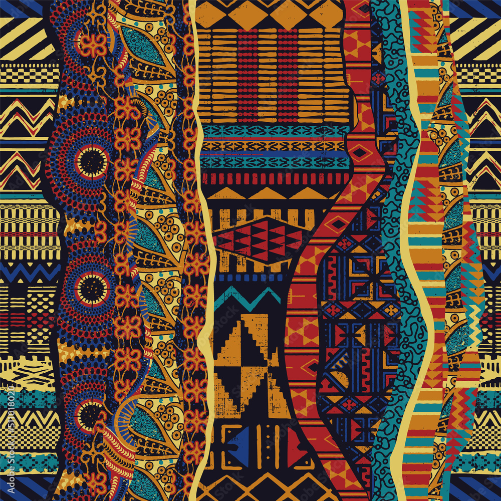 Traditional African fabric patchwork wallpaper abstract vector seamless pattern