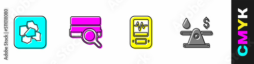 Set Gold nugget, Soil analysis, Seismograph and Oil money icon. Vector