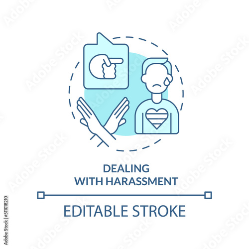 Dealing with harassment turquoise concept icon. Abusive behavior. LGBT issue abstract idea thin line illustration. Isolated outline drawing. Editable stroke. Arial, Myriad Pro-Bold fonts used