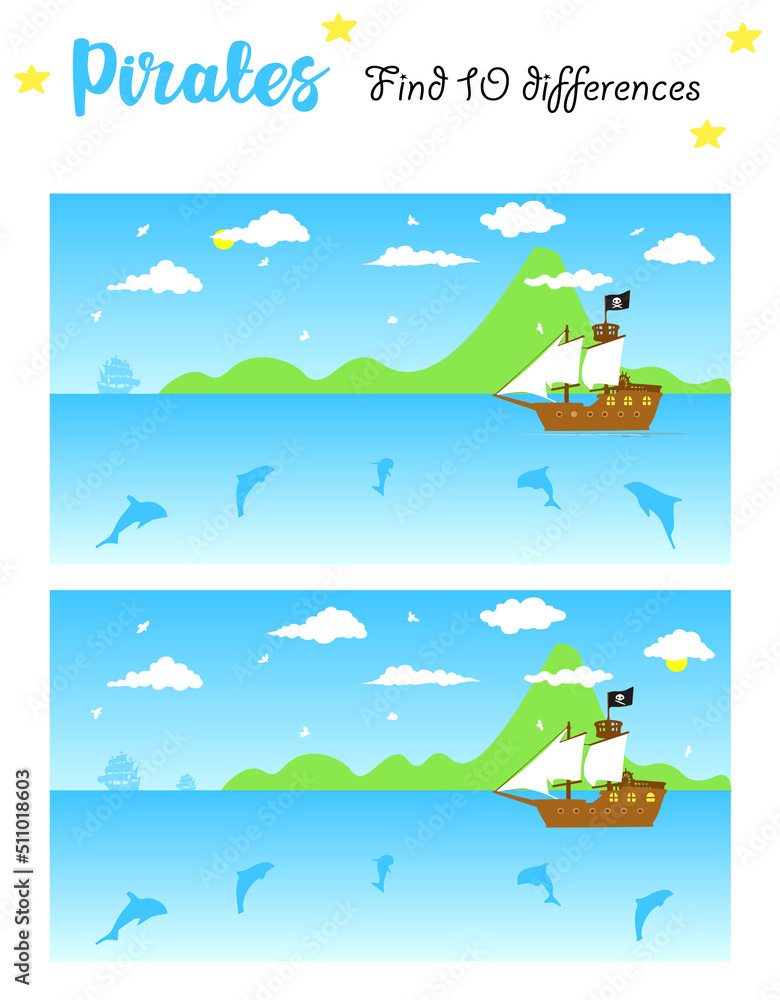 The pirate ship is looking for treasure on the island. Find 10 ...