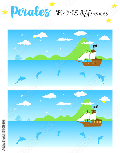 The pirate ship is looking for treasure on the island. Find 10 differences. Educational game for children. Cartoon vector illustration