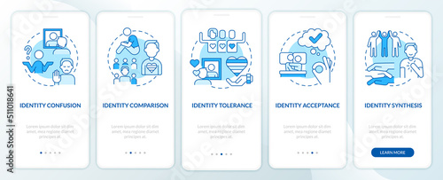 Stages of coming out blue onboarding mobile app screen. Walkthrough 5 steps editable graphic instructions with linear concepts. UI, UX, GUI template. Myriad Pro-Bold, Regular fonts used