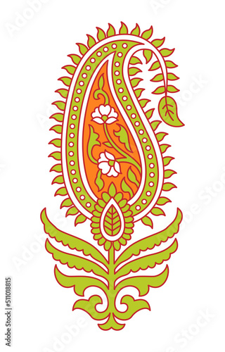Paisley decorative element. Indian traditional floral pattern with paisley, boteh, buta. Asian plant pattern. Flowers, leaves and buds