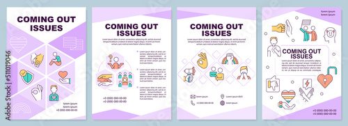 Coming out issues brochure template. Sexual orientation. Leaflet design with linear icons. Editable 4 vector layouts for presentation, annual reports. Arial-Black, Myriad Pro-Regular fonts used