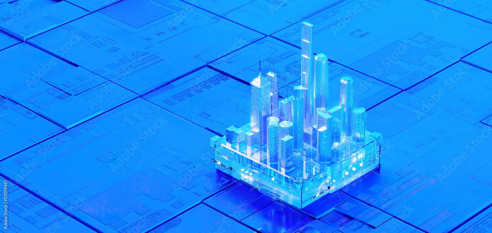 Fototapeta premium 3D rendering of cyberpunk AI. Circuit board. Technology background. Central Computer Processors CPU and GPU concept. Motherboard digital chip. Tech science background.