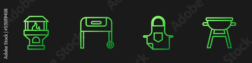 Set line Kitchen apron, Brick stove, Barbecue grill and . Gradient color icons. Vector