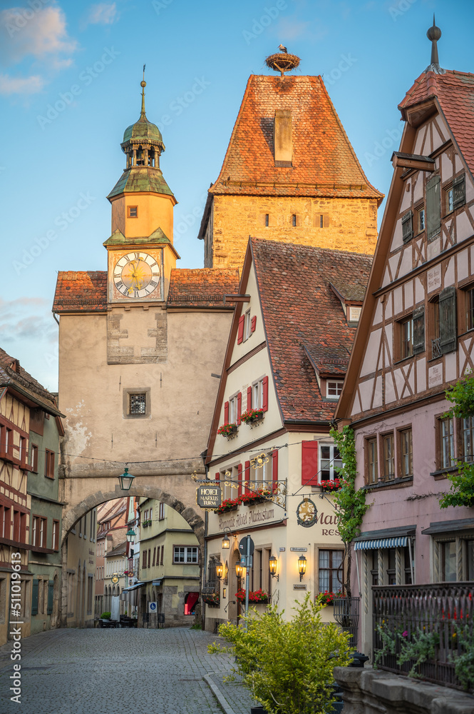 Beautiful Old Town of Rothenburg ob der Tauber early morning, Germany