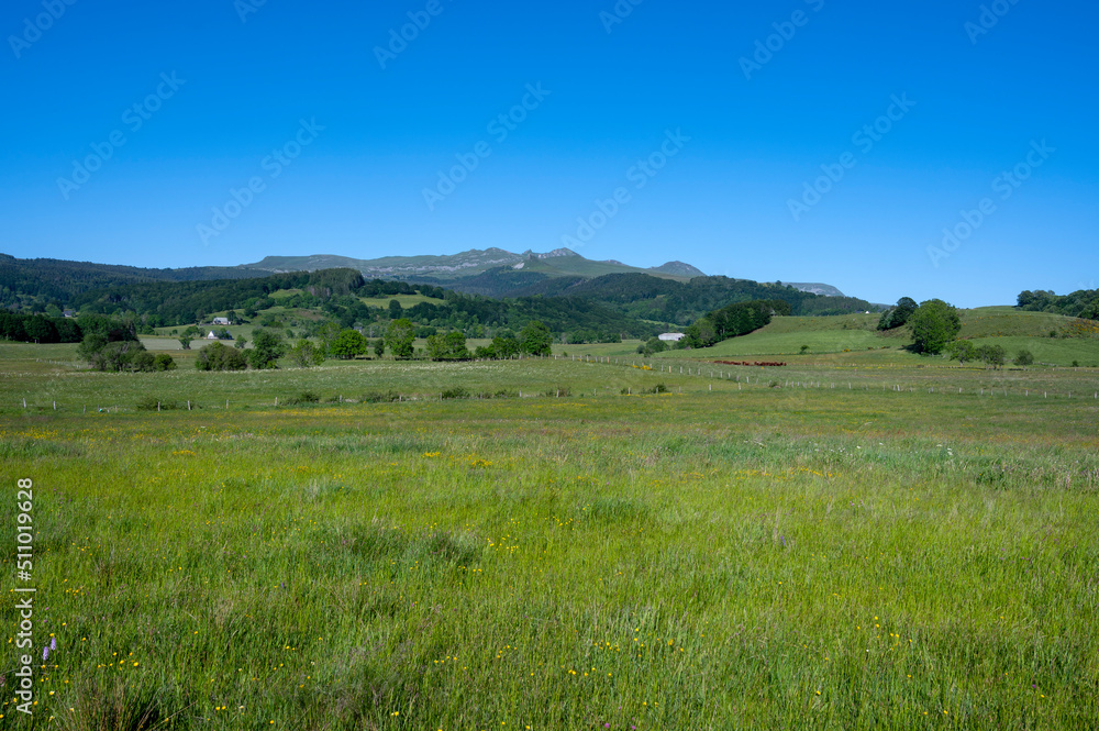 Paysage d'Auvergne sur le plateau de l'Artense au printemps dans le département du Puy-de-Dôme en France