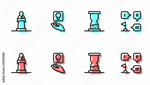 Set line Old hourglass with sand, Speaker, Light bulb and Planning strategy icon. Vector