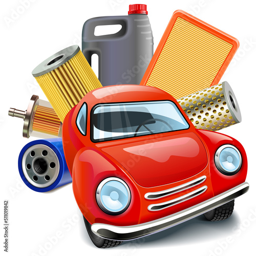 Vector Car Maintenance Concept with Motor Oil and Filters