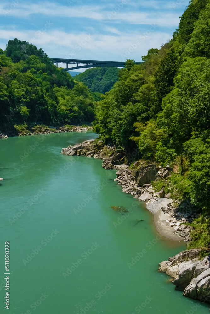 新緑の天龍峡と天龍峡大橋　長野県