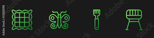 Set line Fork, Checkered napkin, Butterfly and Barbecue grill. Gradient color icons. Vector