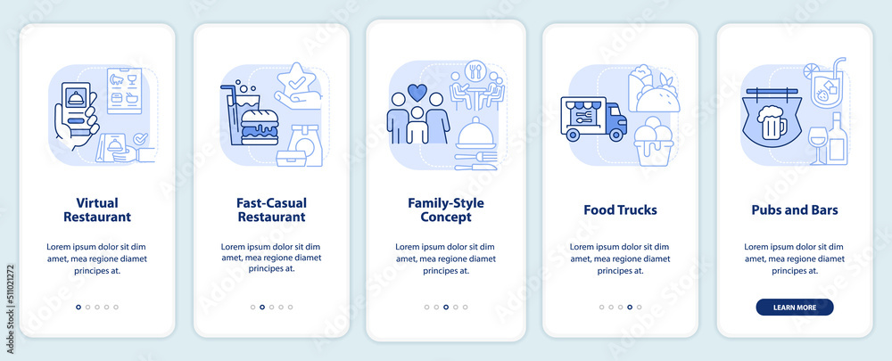 Trend restaurant concepts light blue onboarding mobile app screen. Walkthrough 5 steps editable graphic instructions with linear concepts. UI, UX, GUI template. Myriad Pro-Bold, Regular fonts used
