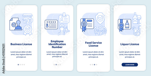 Licenses and permits for food service light blue onboarding mobile app screen. Walkthrough 4 steps editable instructions with linear concepts. UI, UX, GUI template. Myriad Pro-Bold, Regular fonts used