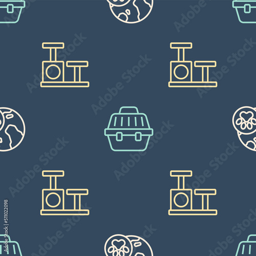 Set line World pet, Cat scratching post with toy and Pet carry case on seamless pattern. Vector