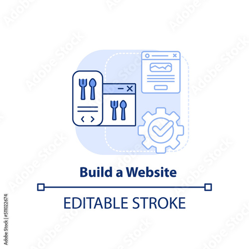 Build website light blue concept icon. Advertise restaurant abstract idea thin line illustration. Digital promotion. Isolated outline drawing. Editable stroke. Arial, Myriad Pro-Bold fonts used