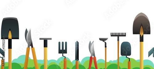 Agricultural rural garden tool. Shovels rakes and hoes and tree crowns. Isolated on white background. Bottom horizontal seamless frame. Vector.