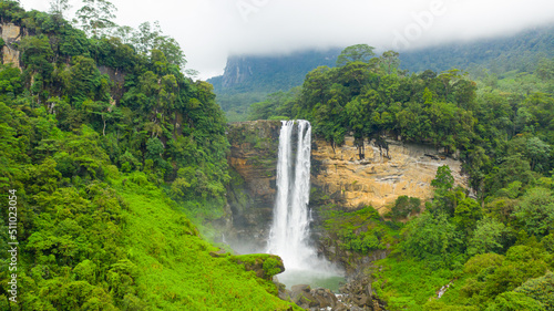 Waterfall in the rainforest. Tropical Laxapana Falls in mountain jungle. Sri Lanka.