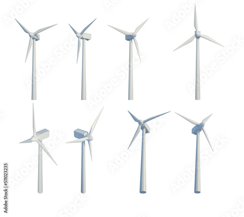 Various angle of wind turbines isolated on white. 3D rendering.