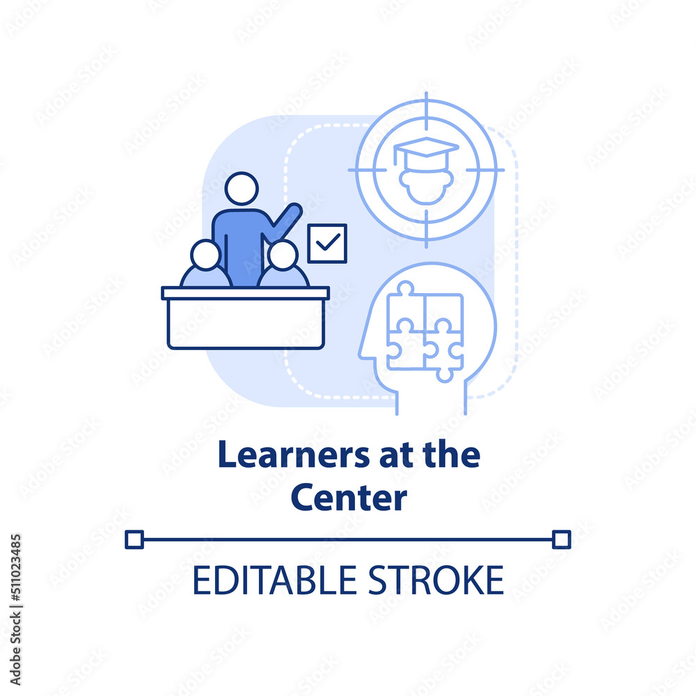 Learners at center light blue concept icon. Student-centered education. Learning abstract idea thin line illustration. Isolated outline drawing. Editable stroke. Arial, Myriad Pro-Bold fonts used