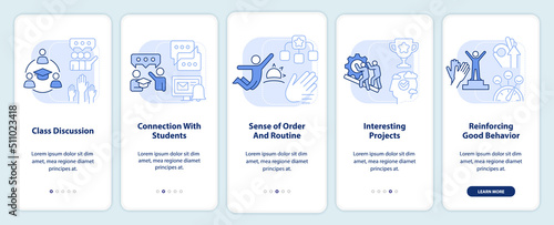 Healthy learning environament light blue onboarding mobile app screen. Walkthrough 5 steps editable graphic instructions with linear concepts. UI, UX, GUI template. Myriad Pro-Bold, Regular fonts used