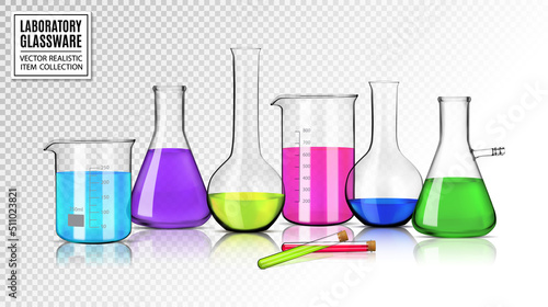 Laboratory glassware 3d realistic vector set isolated on white background. Graduated lab tube, beaker and flask filled different colors liquids illustration.