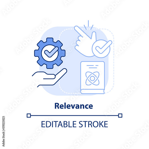 Relevance light blue concept icon. Current materials and experience. Learning abstract idea thin line illustration. Isolated outline drawing. Editable stroke. Arial, Myriad Pro-Bold fonts used photo